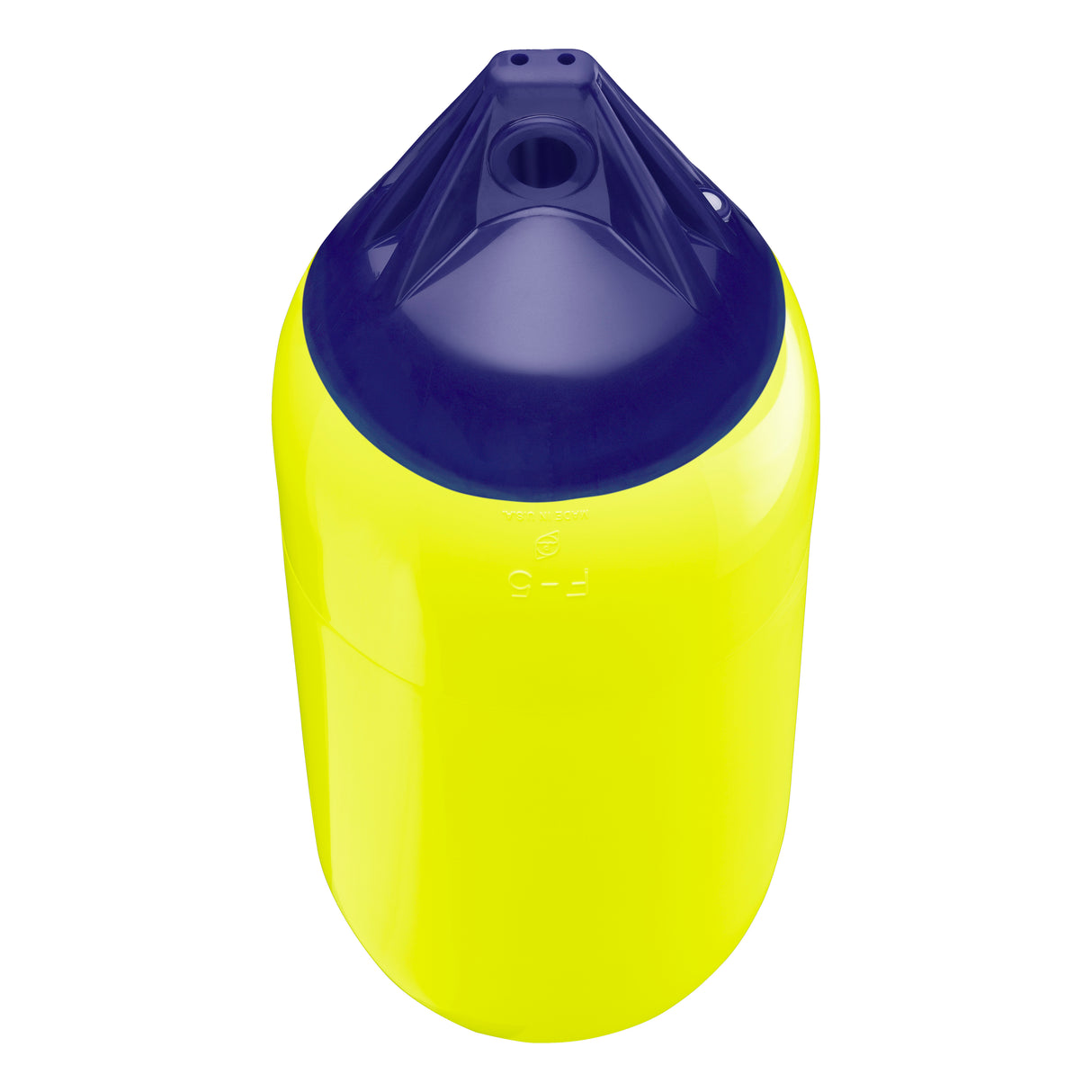 Saturn Yellow boat fender with Navy-Top, Polyform F-5 angled shot