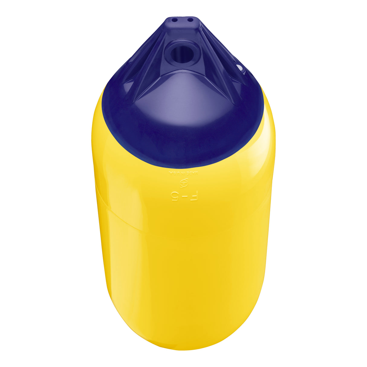 Yellow boat fender with Navy-Top, Polyform F-5 angled shot