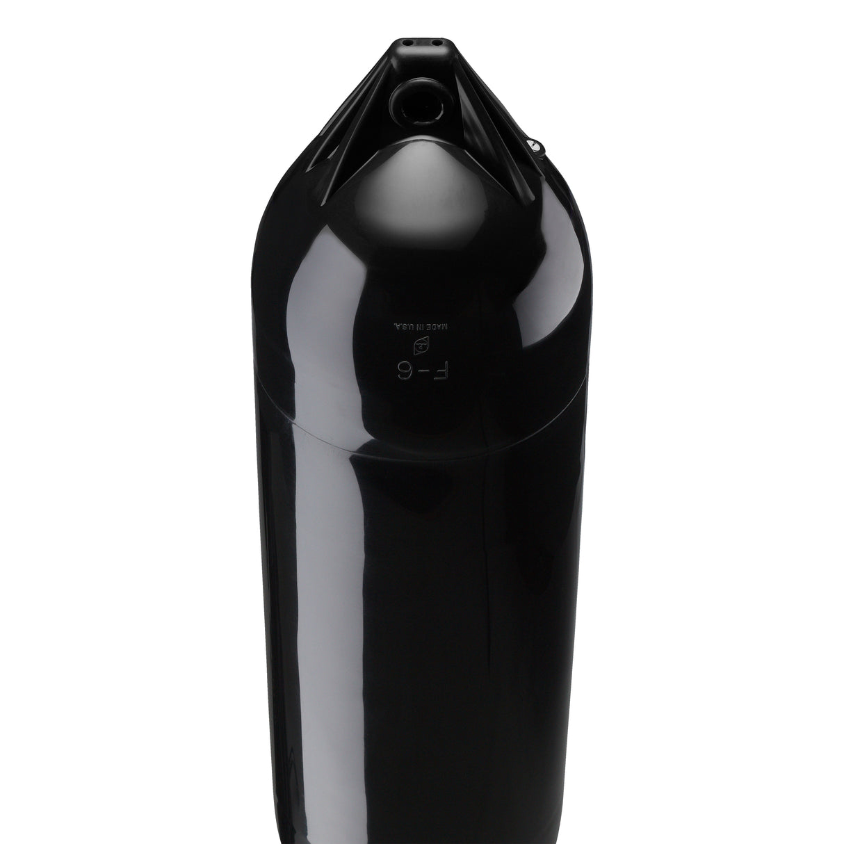 Black boat fender with Black-Top, Polyform F-6 angled shot