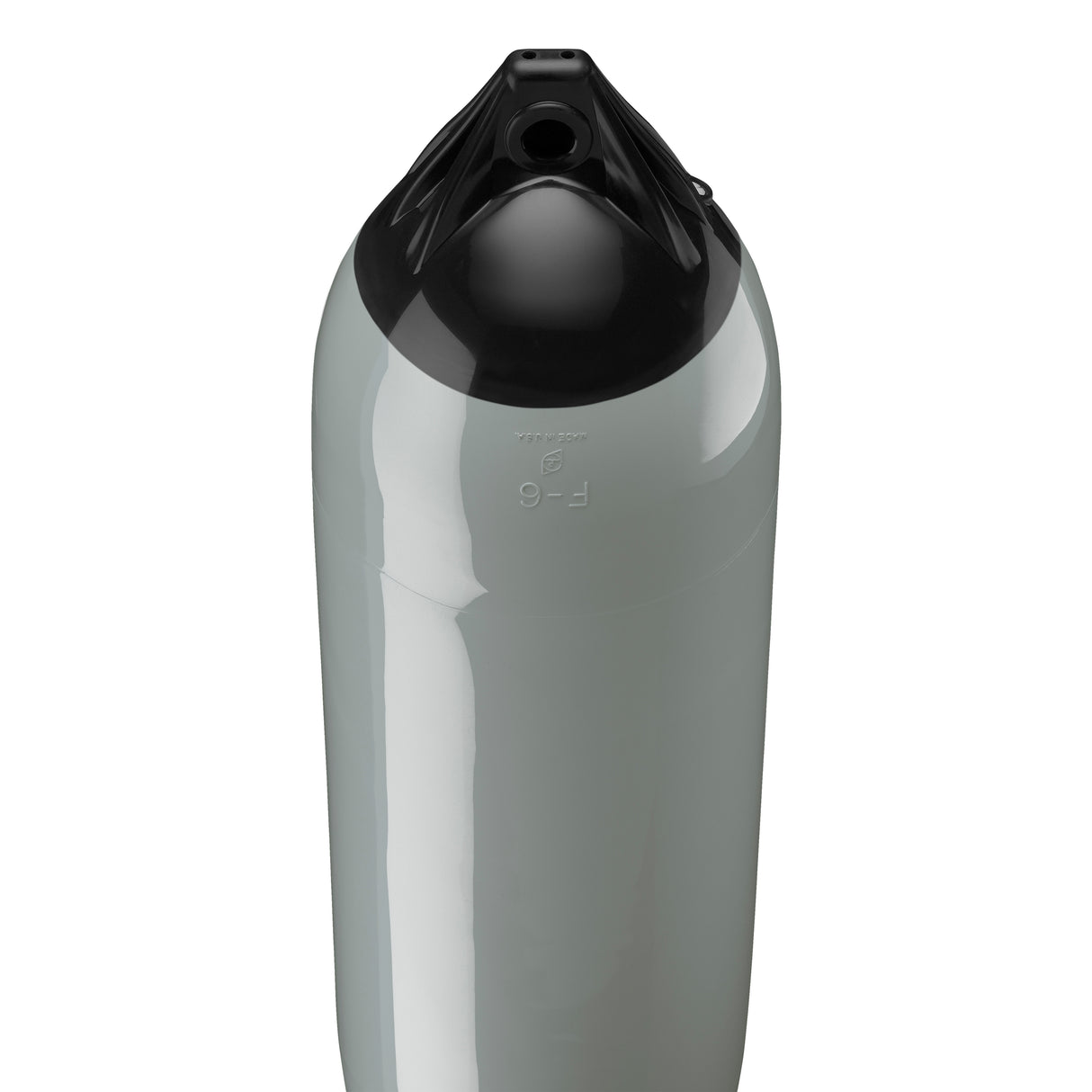 Grey boat fender with Black-Top, Polyform F-6 angled shot