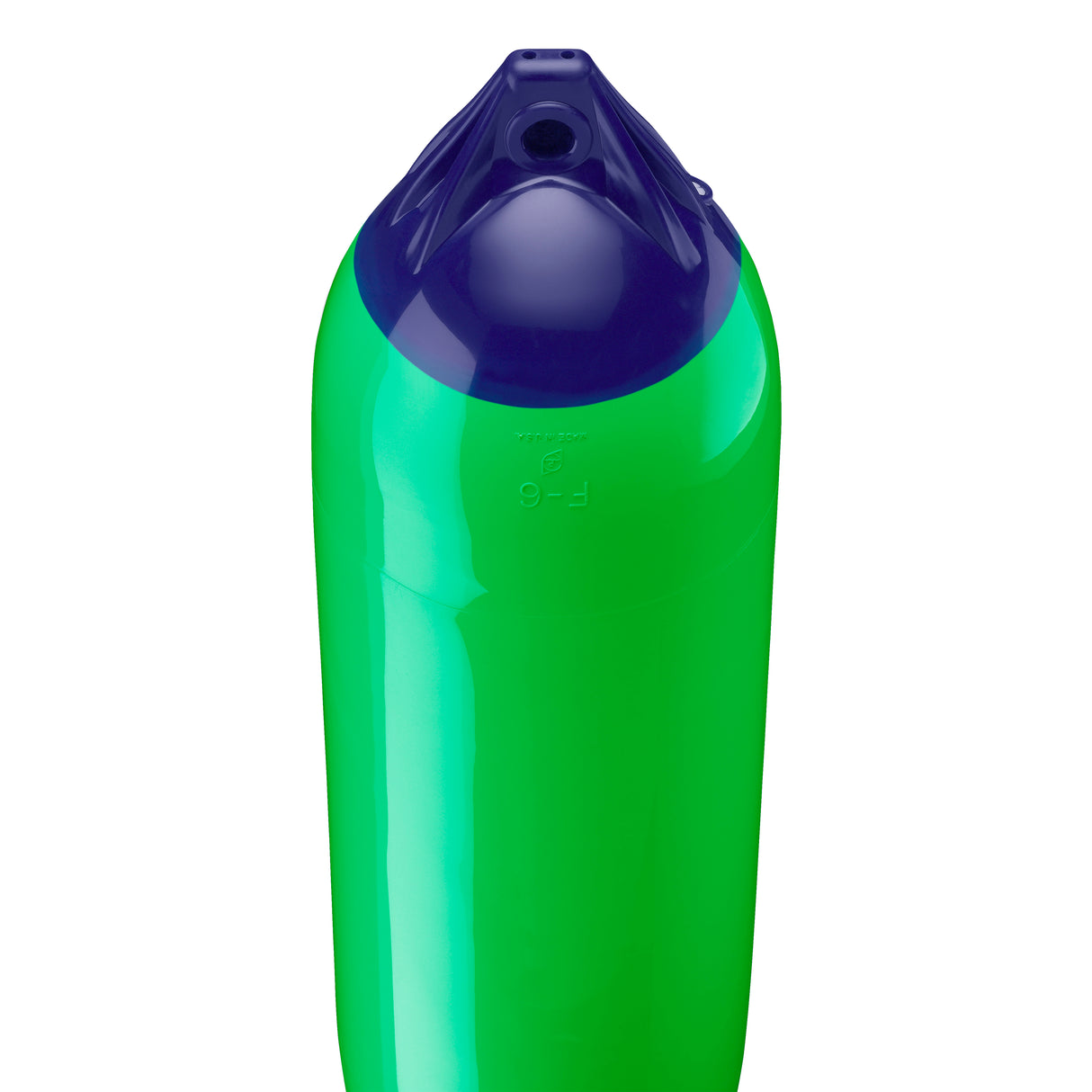 Green boat fender with Navy-Top, Polyform F-6 angled shot
