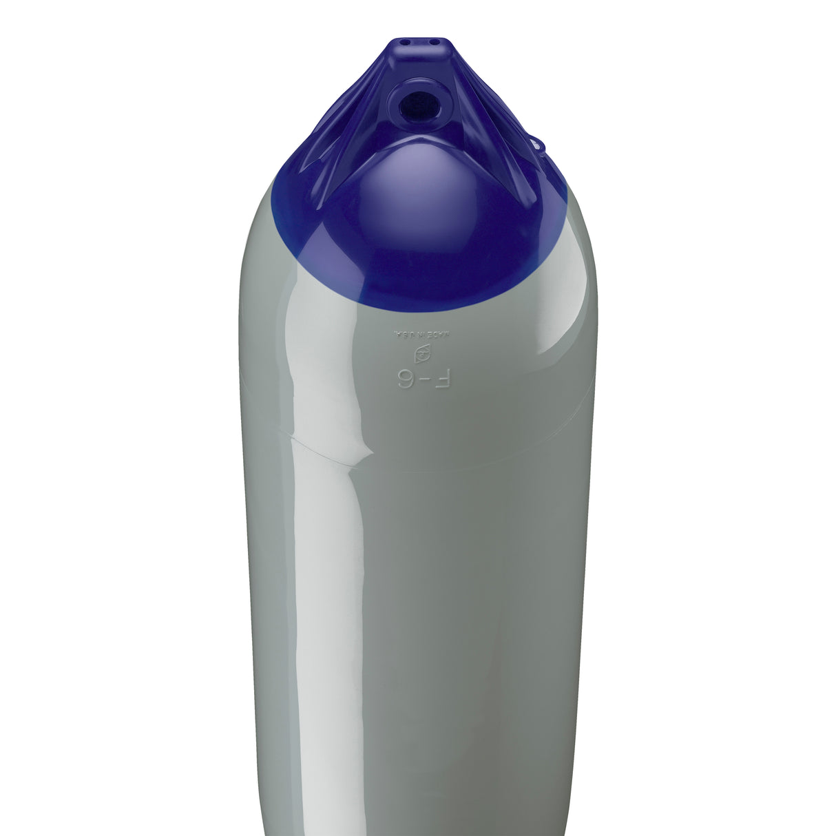 Grey boat fender with Navy-Top, Polyform F-6 angled shot