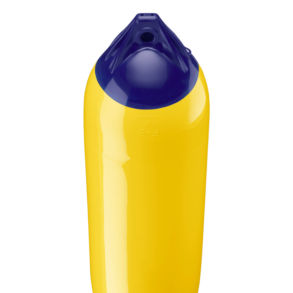 Yellow boat fender with Navy-Top, Polyform F-6 angled shot