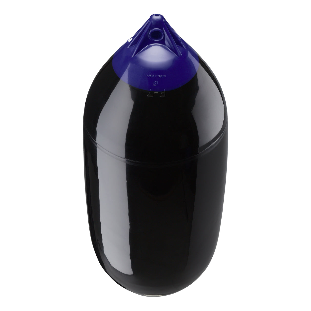 Black boat fender with Navy-Top, Polyform F-7 angled shot