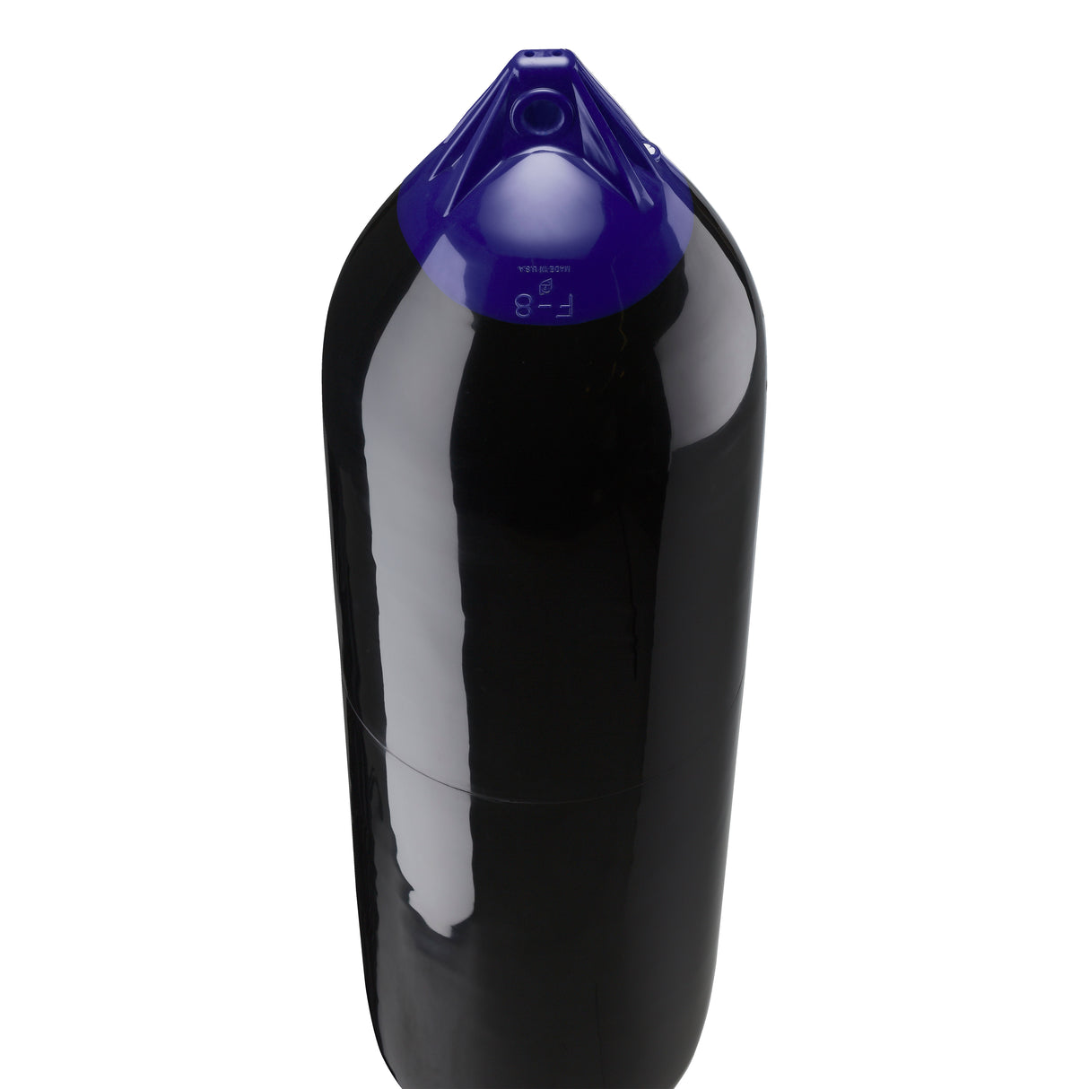 Black boat fender with Navy-Top, Polyform F-8 angled shot