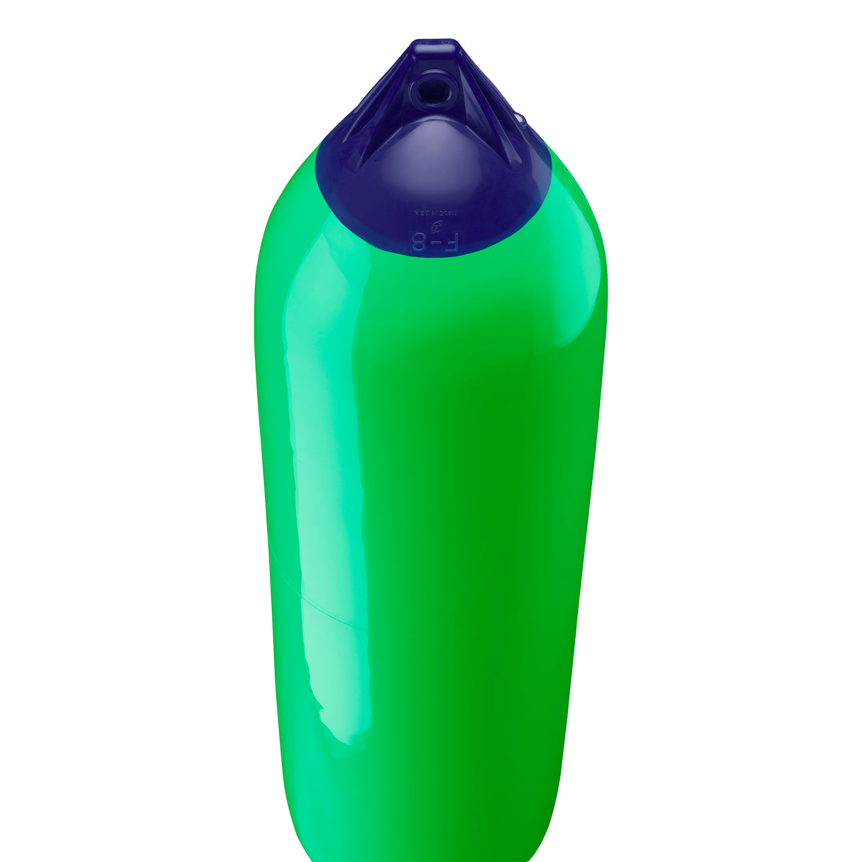 Green boat fender with Navy-Top, Polyform F-8 angled shot