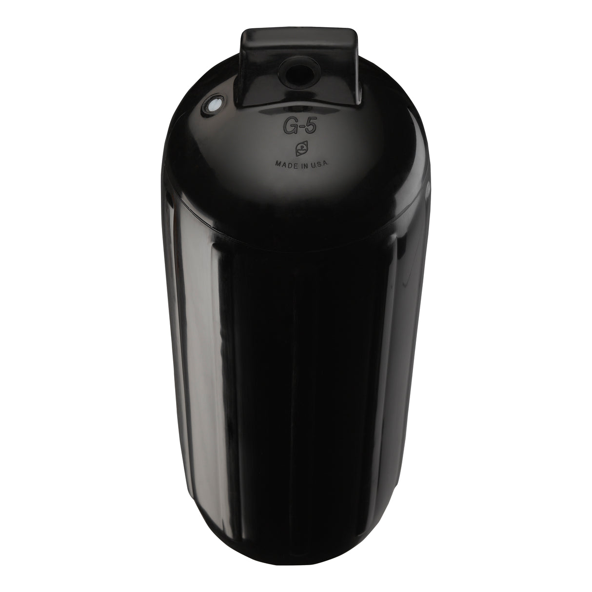 Black boat fender, Polyform G-5 angled shot