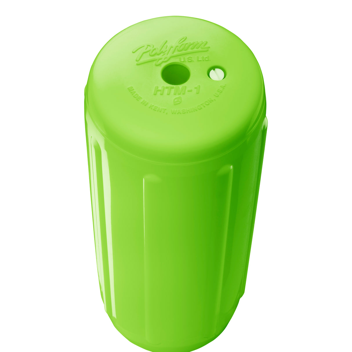 Lime hole through center boat fender, Polyform HTM-1 angled shot