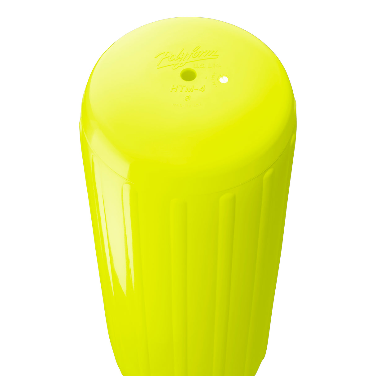 Saturn Yellow hole through center boat fender, Polyform HTM-4 angled shot