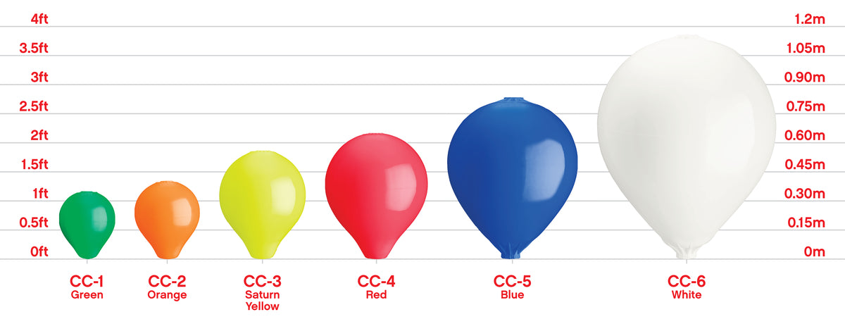 chart showing sizes of Polyform US CC-Series mooring buoys
