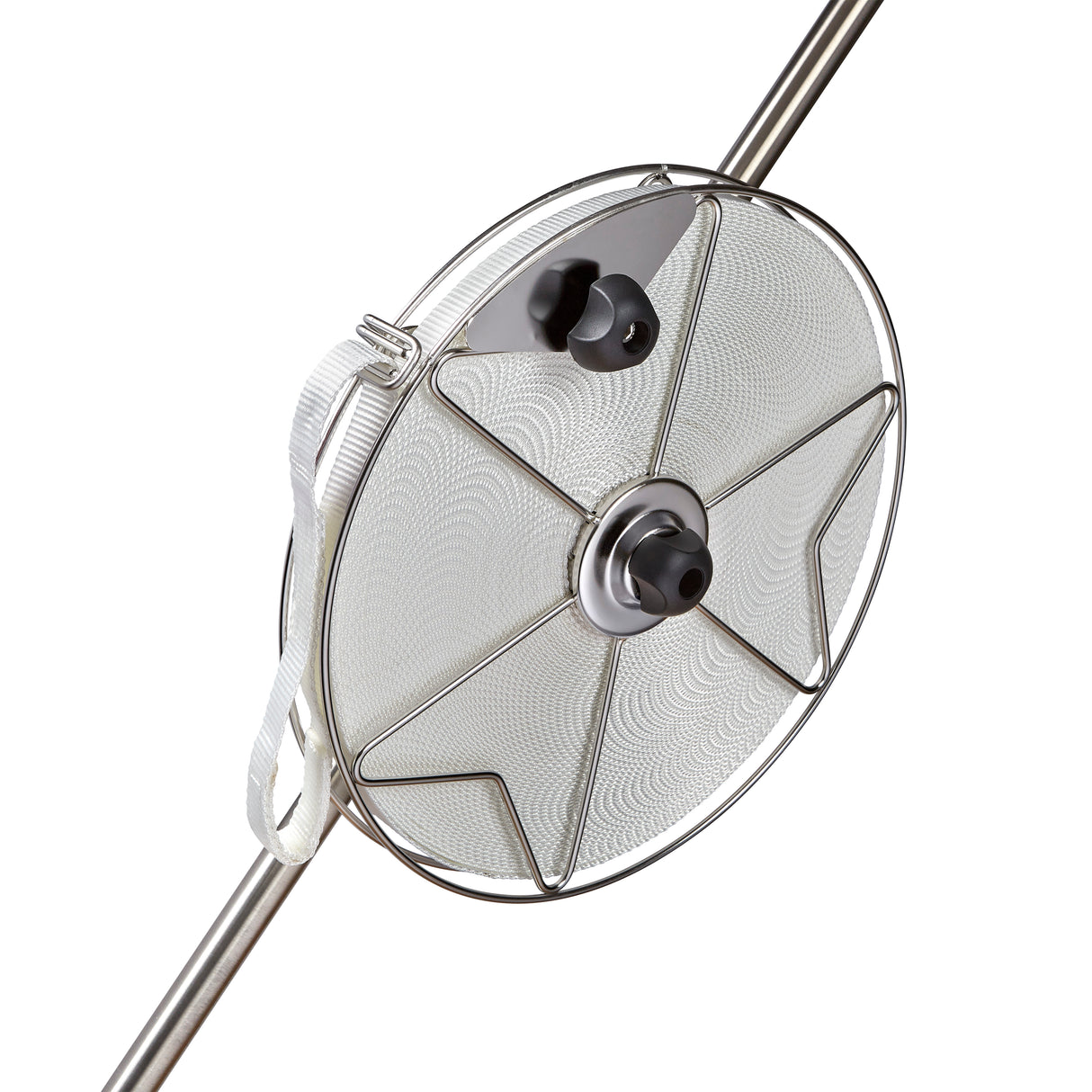 Stainless steel mooring reel with one inch polyester flat line