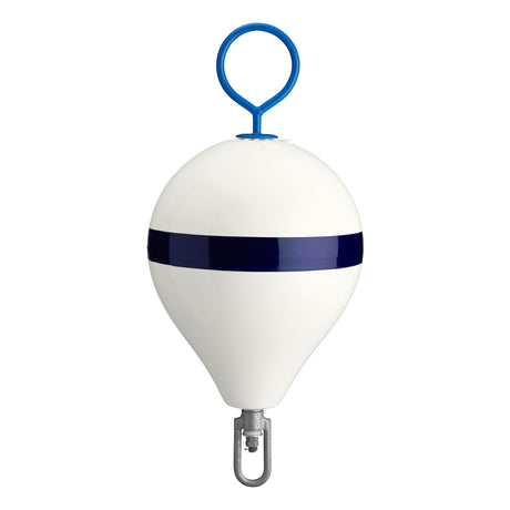 CM-2 Mooring Buoy with galvanized steel mooring iron and shackle, white with blue stripe
