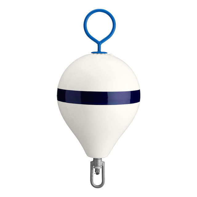 CM-2 Mooring Buoy with galvanized steel mooring iron and shackle, white with blue stripe