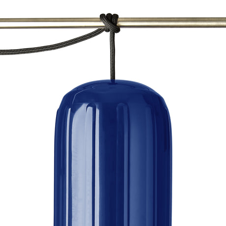 Polyform US boat fender line, whiplocked double braid nylon, black, closeup, tied to rail, vertical