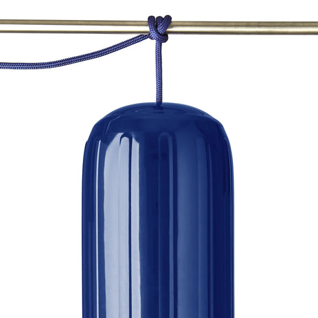 Polyform US boat fender line, whiplocked double braid nylon, blue, closeup, tied to rail, vertical
