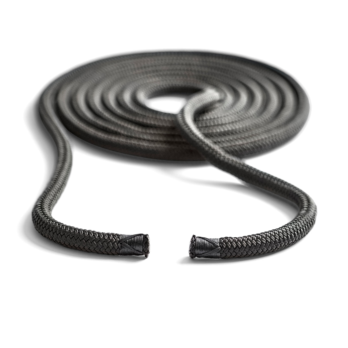 Polyform US boat fender line, whiplocked double braid nylon, twelve feet long, half inch diameter, black, closeup ends