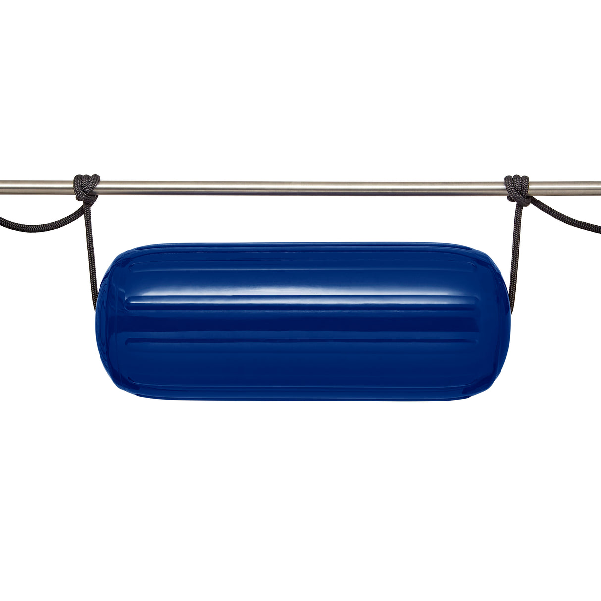 Polyform US boat fender line, whiplocked double braid nylon, twelve feet long, half inch diameter, black, tied to horizontal rail