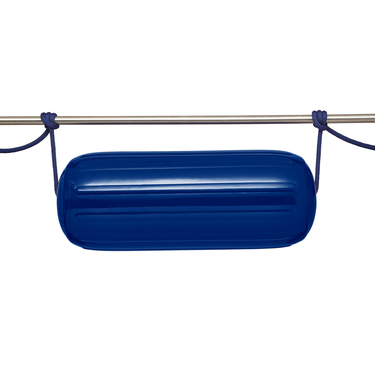 Polyform US boat fender line, whiplocked double braid nylon, twelve feet long, half inch diameter, navy blue, tied to horizontal rail