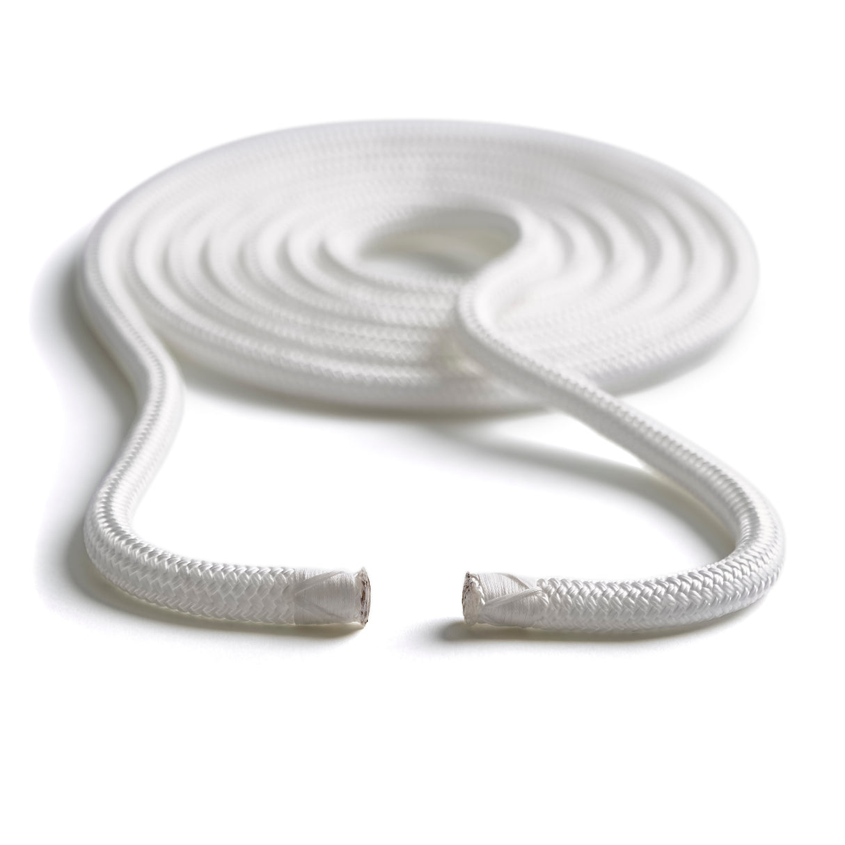 Polyform US boat fender line, whiplocked double braid nylon, twelve feet long, half inch diameter, white, closeup ends