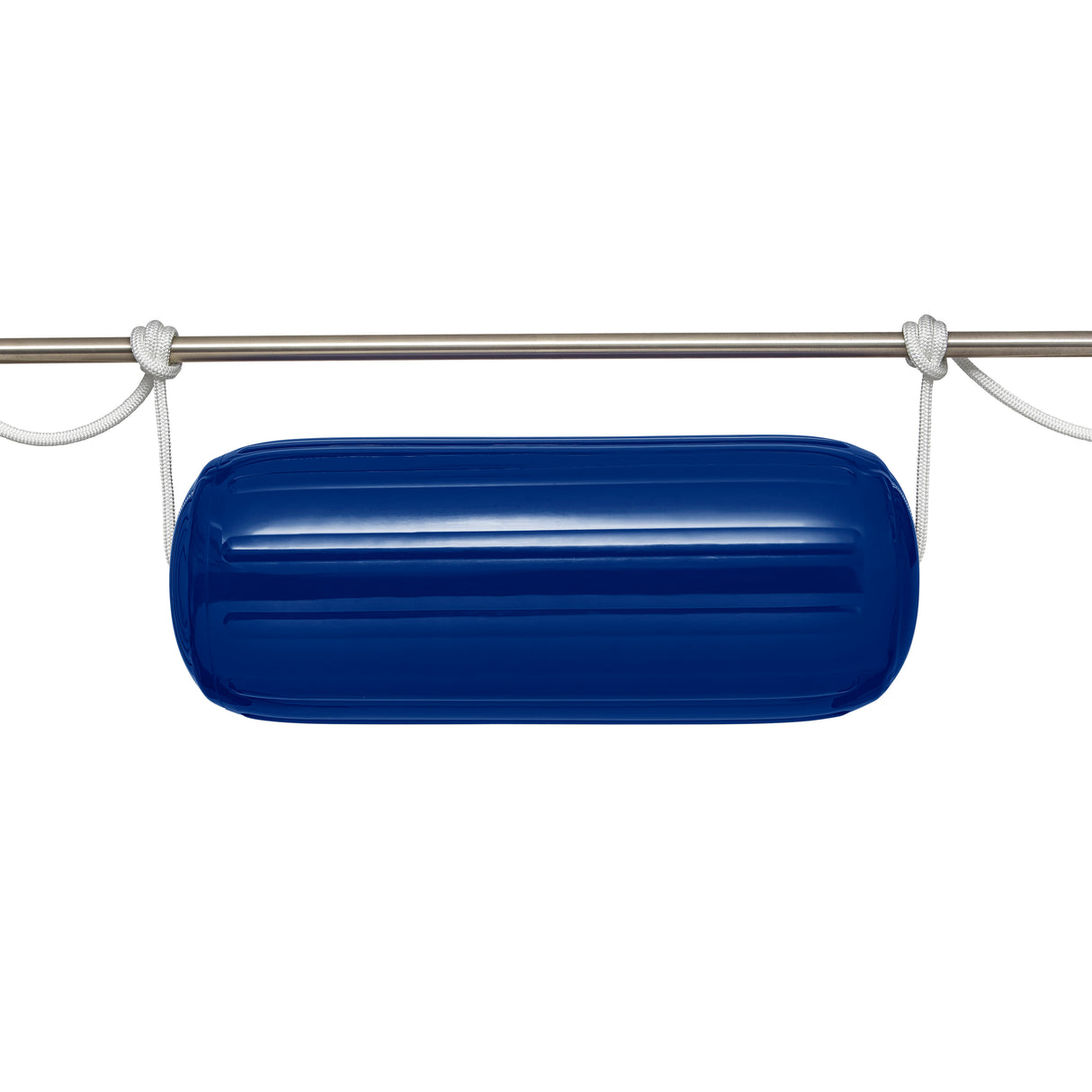 Polyform US boat fender line, whiplocked double braid nylon, twelve feet long, half inch diameter, white, tied to horizontal rail