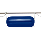 Polyform US boat fender line, whiplocked double braid nylon, twelve feet long, half inch diameter, white, tied to horizontal rail