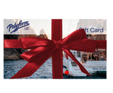 Gift card with a red ribbon over a scenic background of a boat on water.