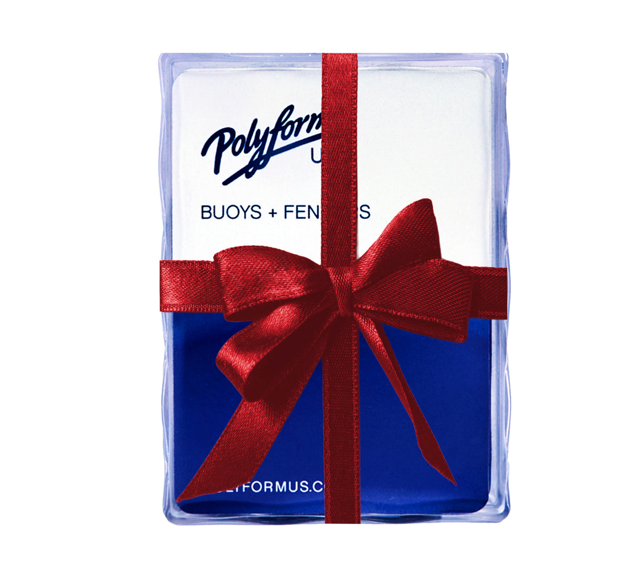 Polyform US branded playing cards in clear plastic case with red ribbon and Polyform US blue and white gradient.