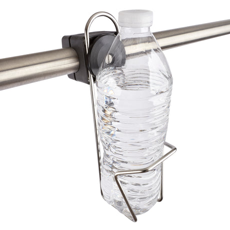 Stainless steel, rail mounted cup holder, with water bottle, shown at an angle
