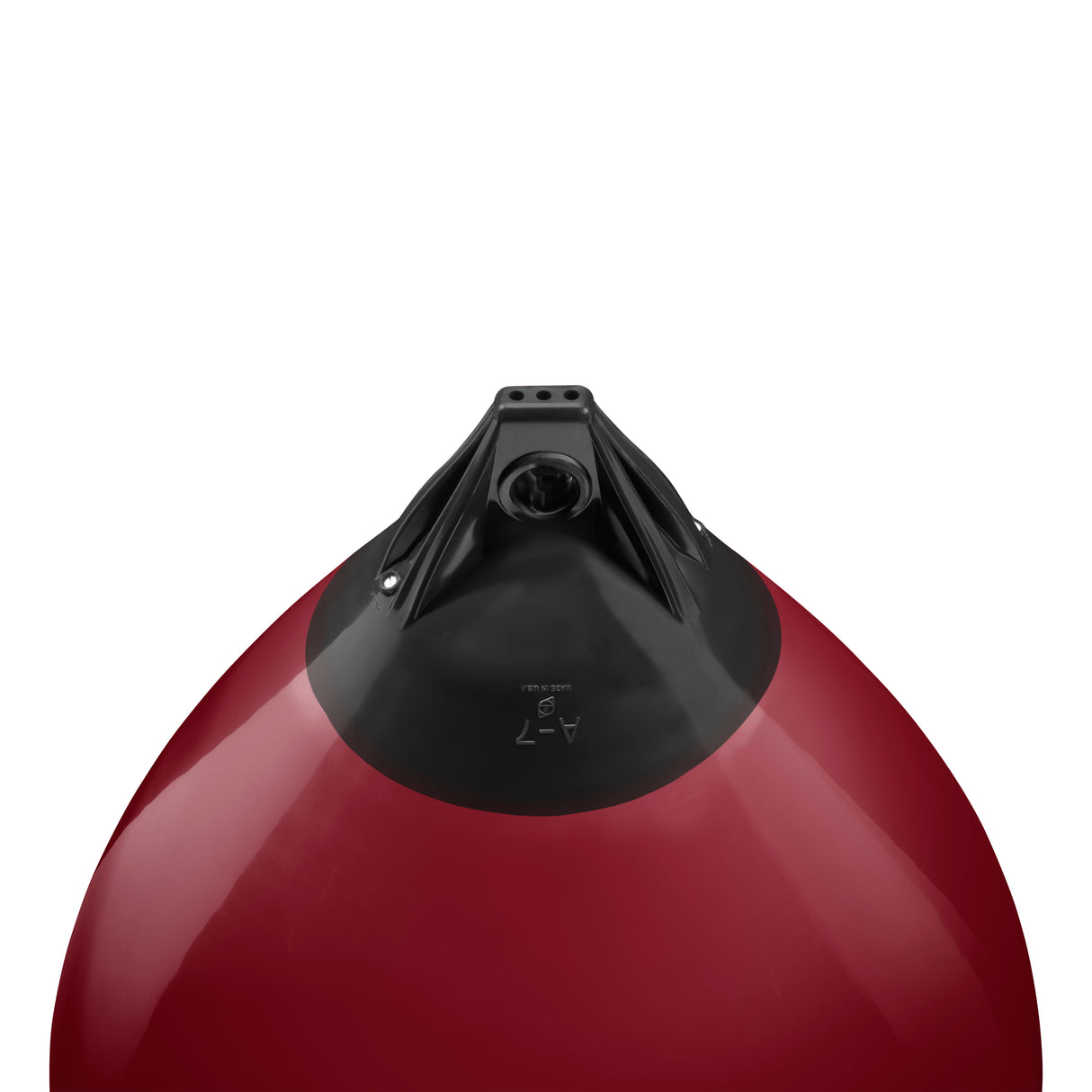 Burgundy buoy with Black-Top, Polyform A-7 angled shot