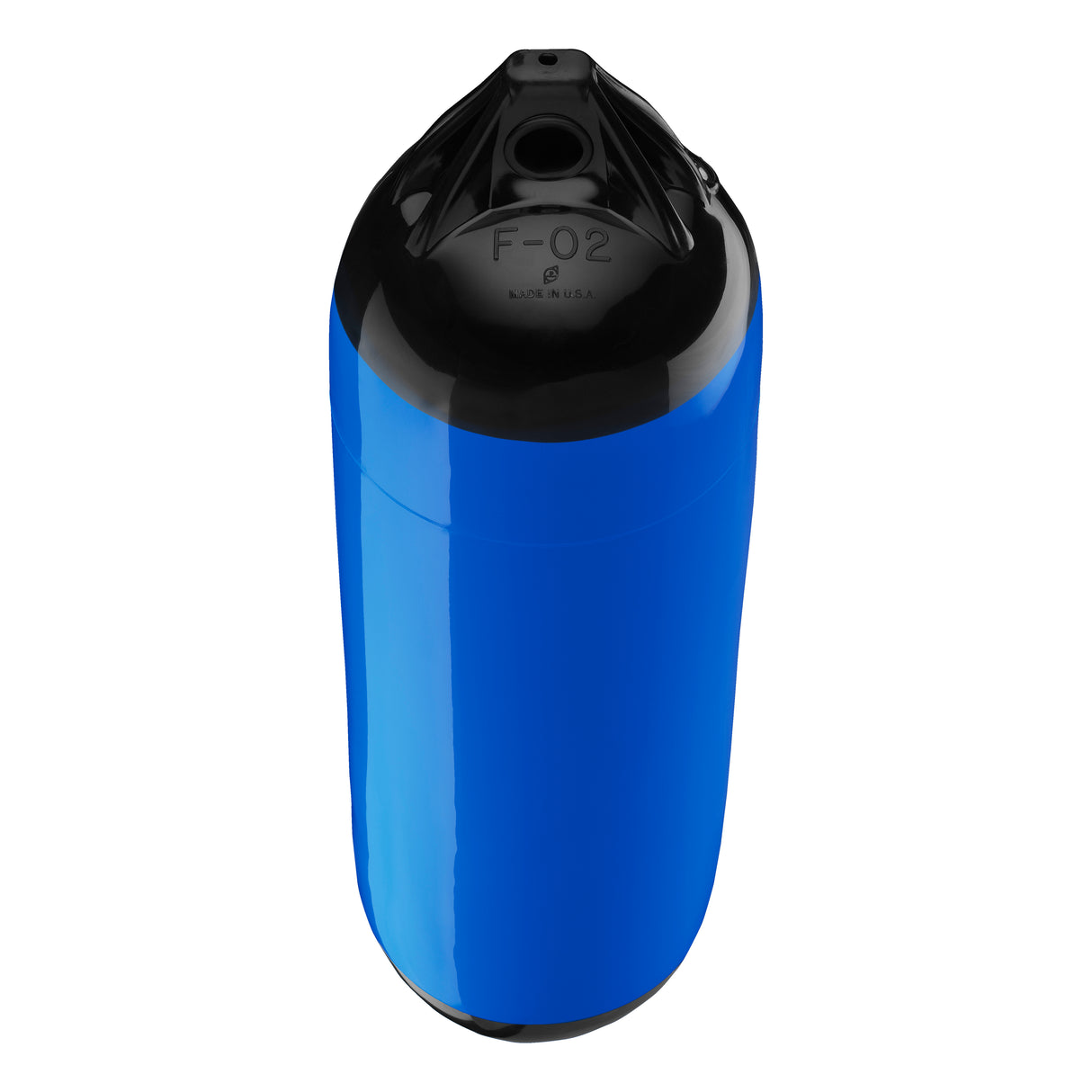 Blue boat fender with Black-Top, Polyform F-02 angled shot