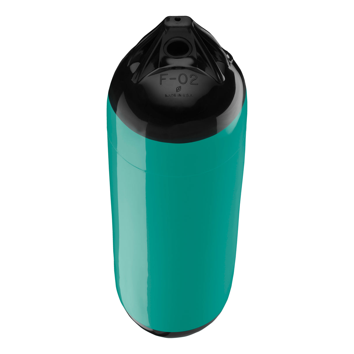 Teal boat fender with Black-Top, Polyform F-02 angled shot