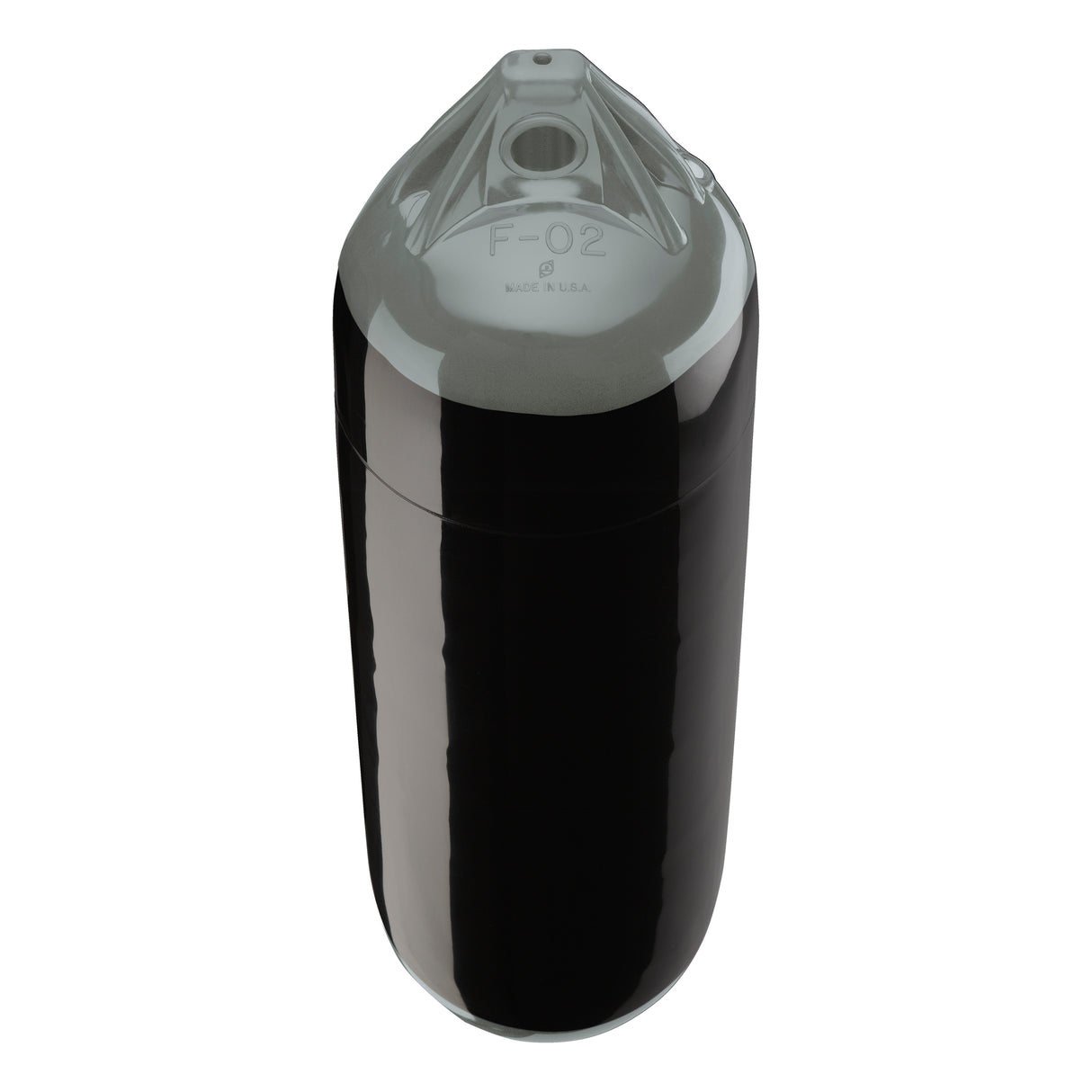 Black with Grey Ropehold boat fender with Grey-Top, Polyform F-02 angled shot