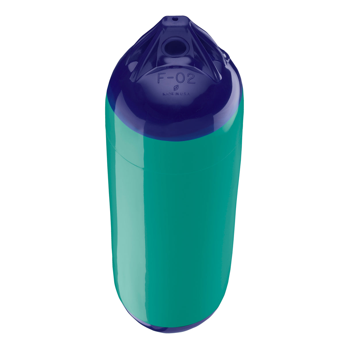 Teal boat fender with Navy-Top, Polyform F-02 angled shot
