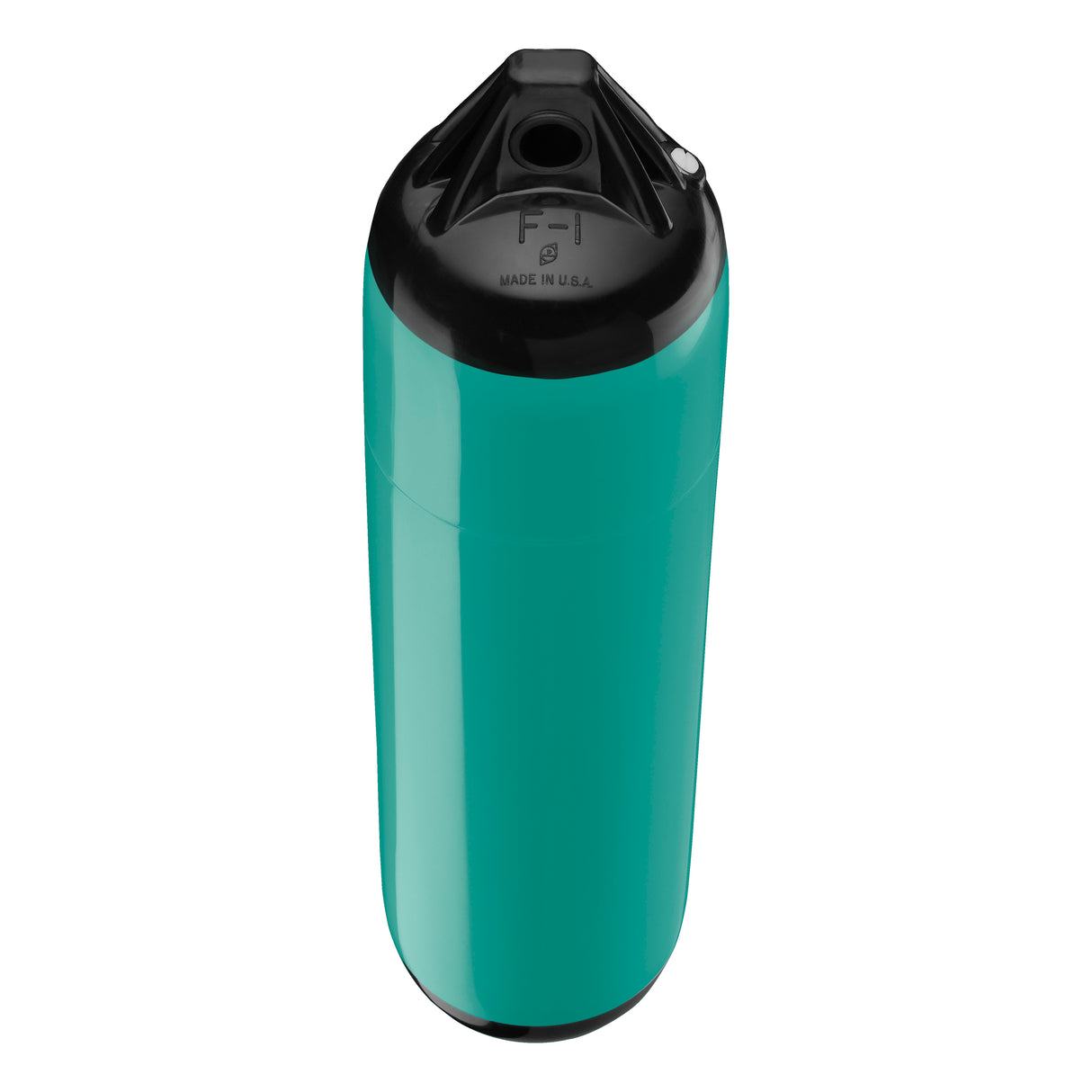 Teal boat fender with Black-Top, Polyform F-1 angled shot