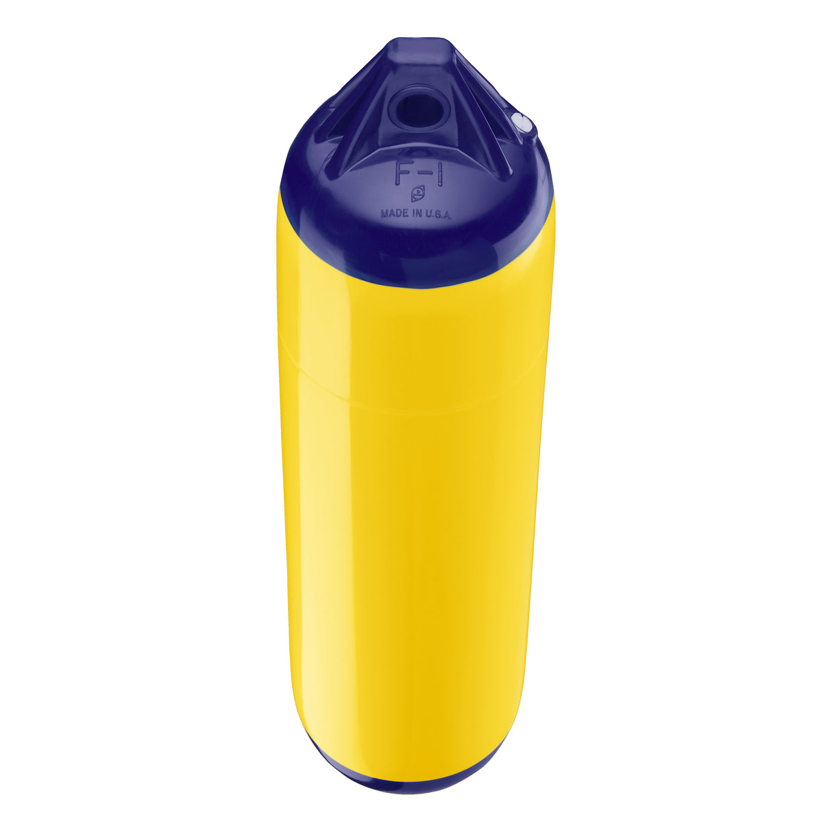 Yellow boat fender with Navy-Top, Polyform F-1 angled shot