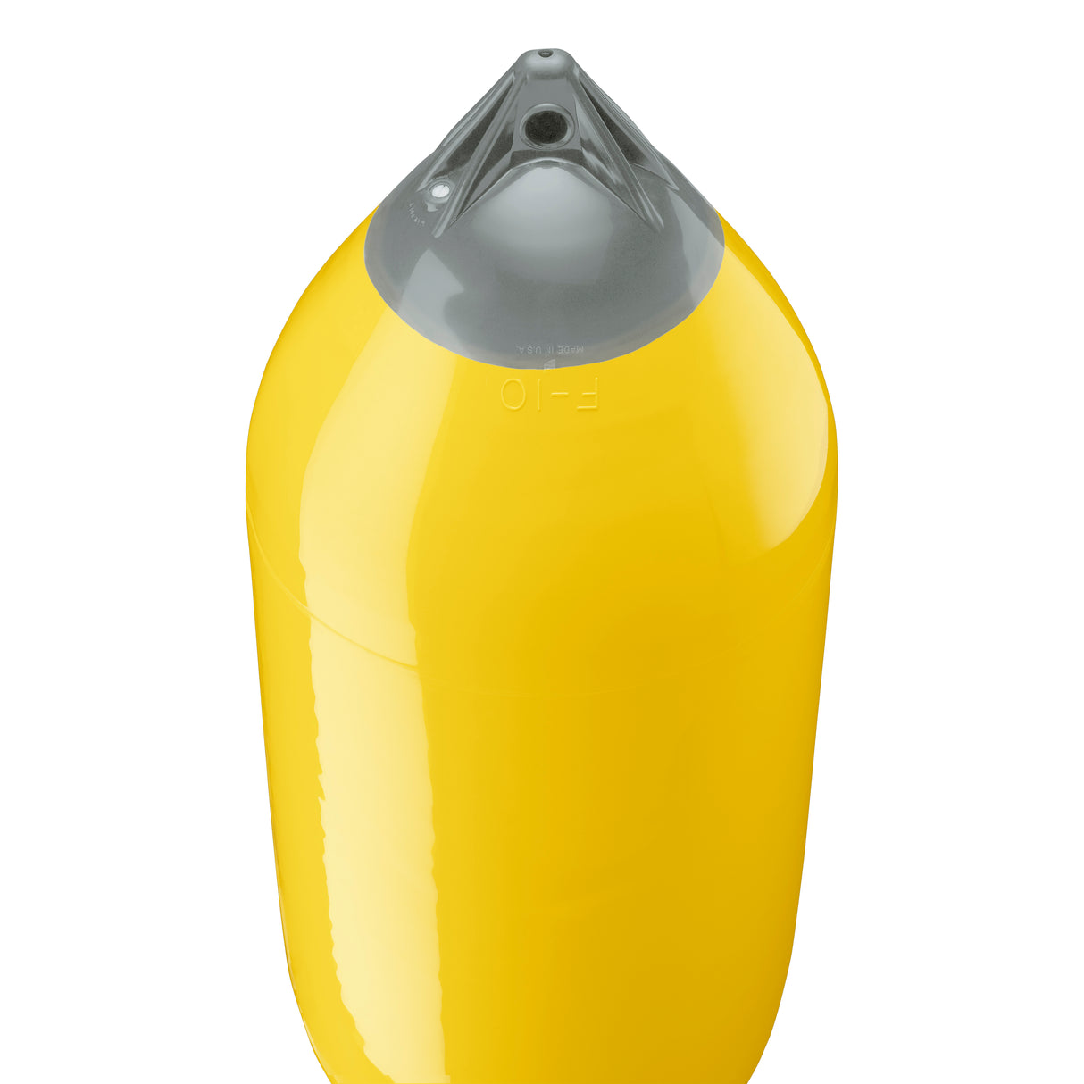 Yellow boat fender with Grey-Top, Polyform F-10 angled shot