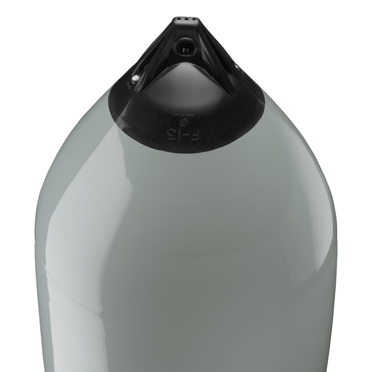 Grey boat fender with Navy-Top, Polyform F-13 angled shot