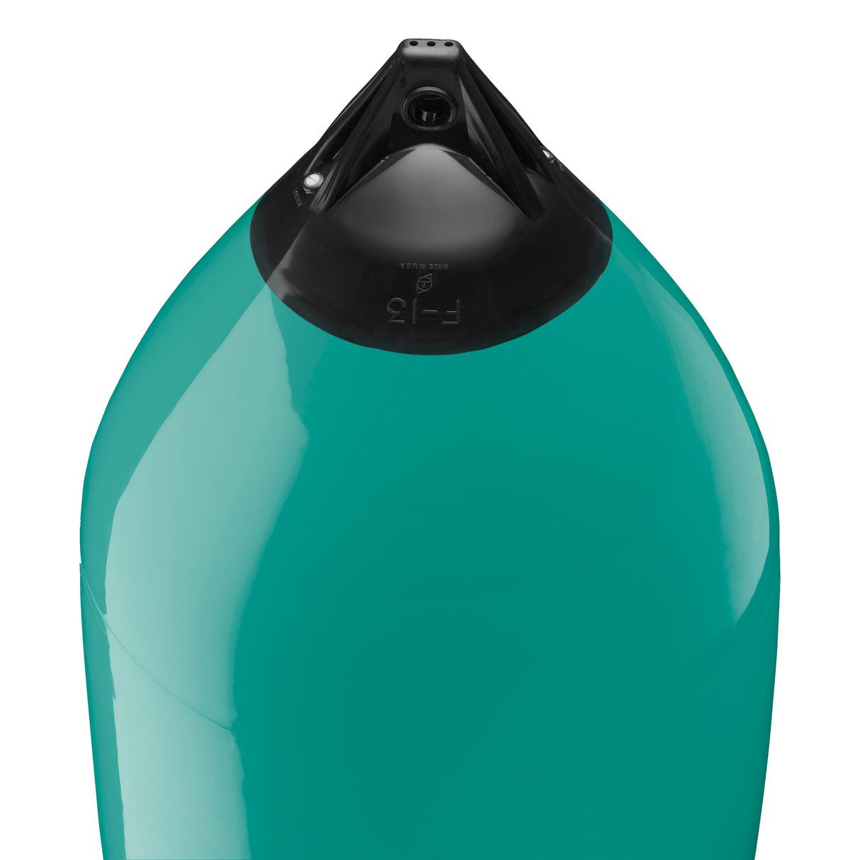 Teal boat fender with Navy-Top, Polyform F-13 angled shot