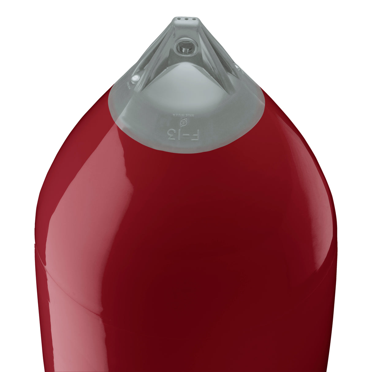 Burgundy boat fender with Grey-Top, Polyform F-13 angled shot