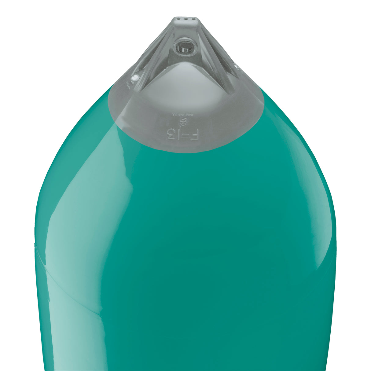 Teal boat fender with Grey-Top, Polyform F-13 angled shot