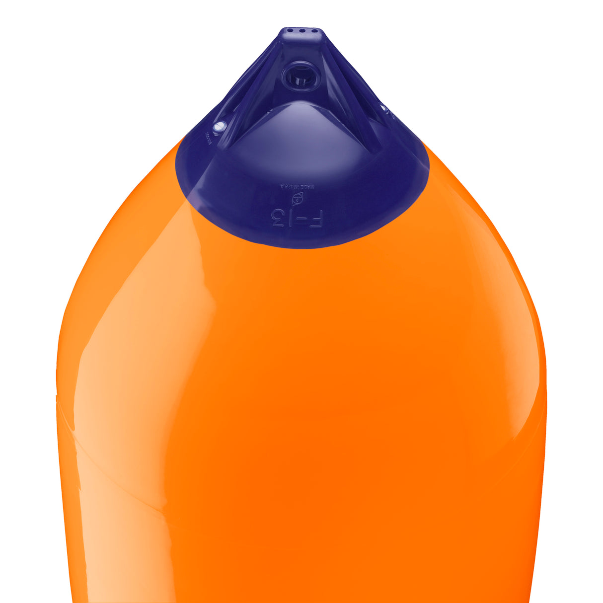 Orange boat fender with Navy-Top, Polyform F-13 angled shot