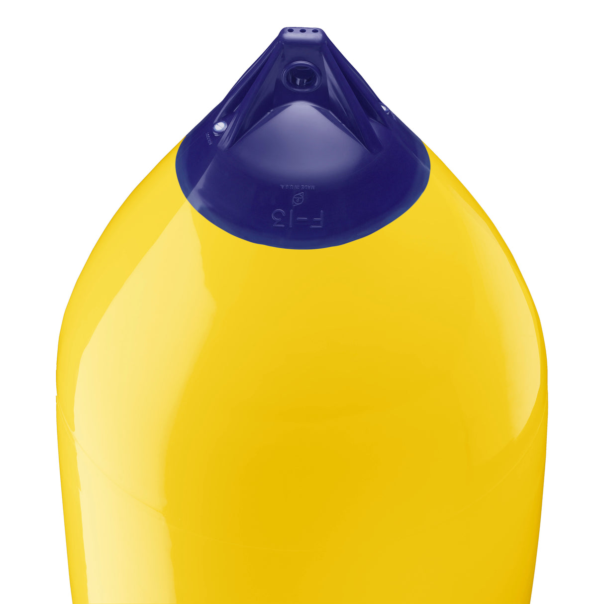 Yellow boat fender with Navy-Top, Polyform F-13 angled shot
