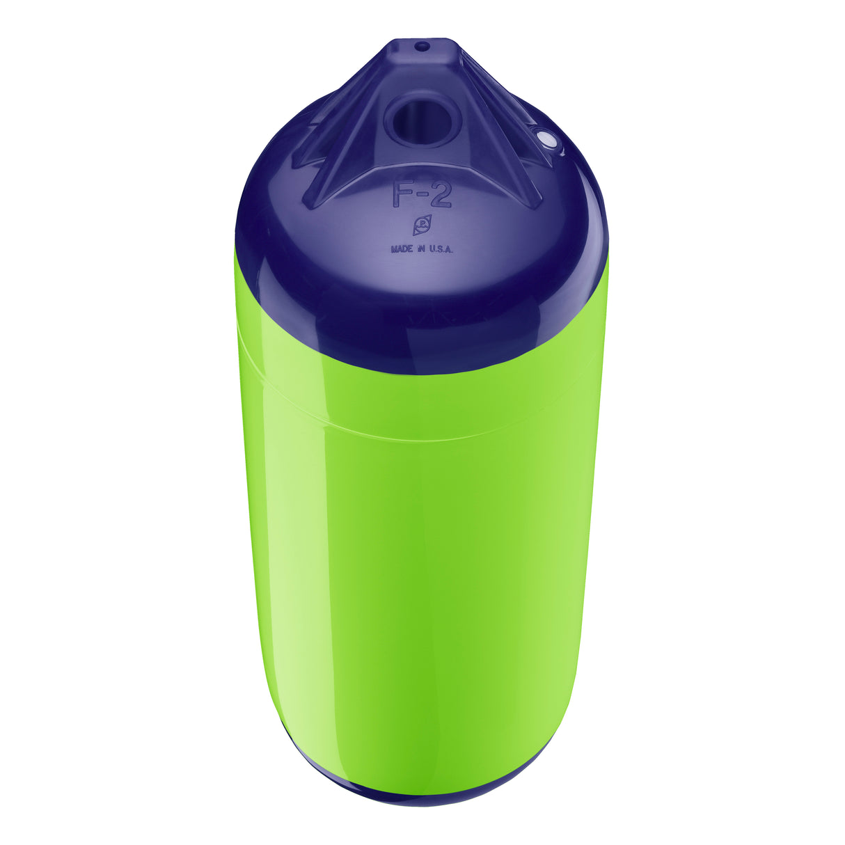 Lime boat fender with Navy-Top, Polyform F-2 angled shot