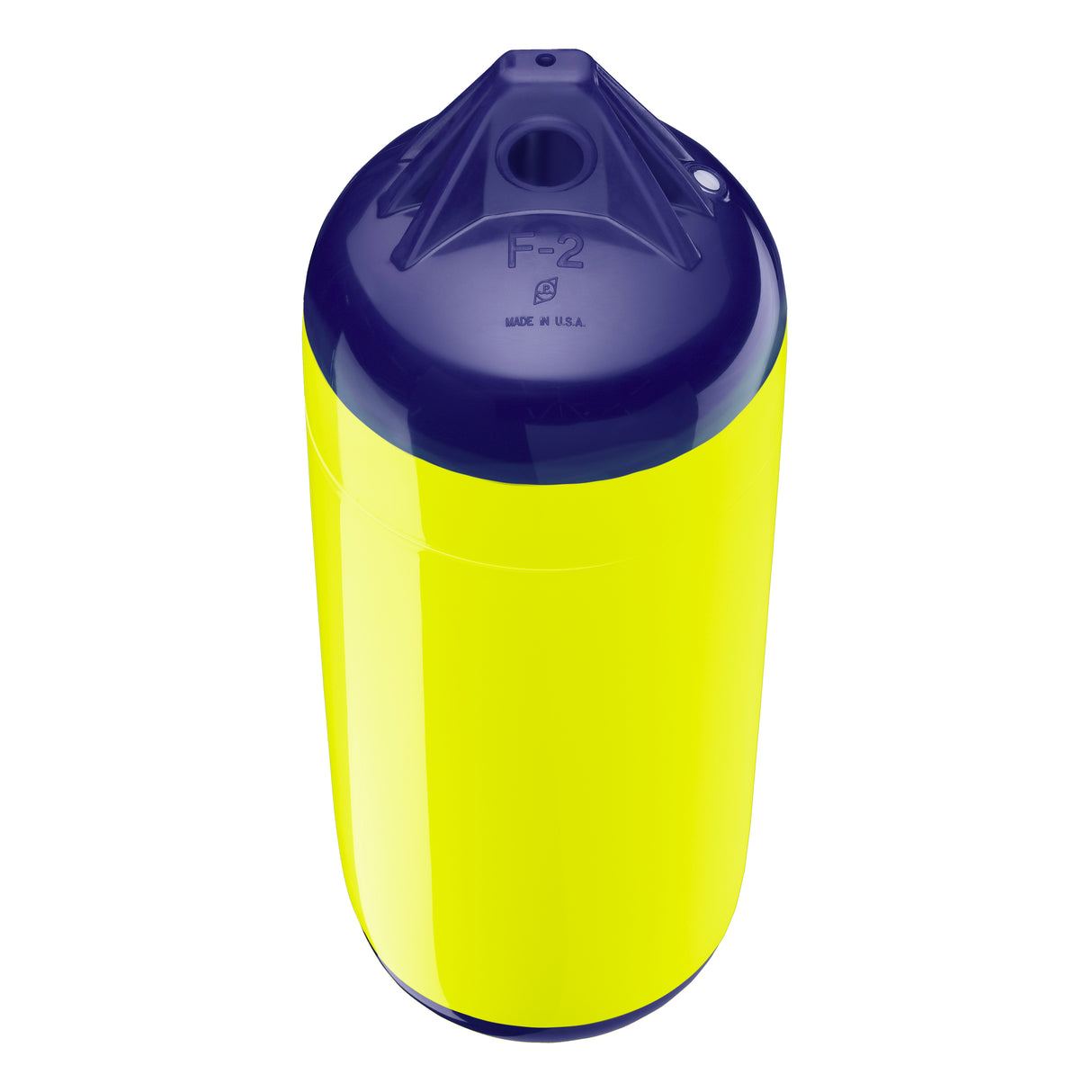 Saturn Yellow boat fender with Navy-Top, Polyform F-2 angled shot