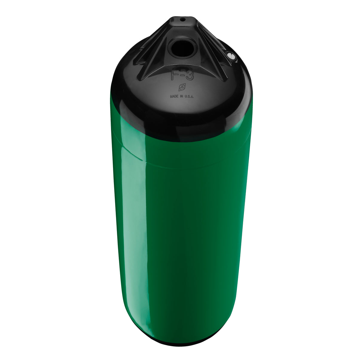 Forest Green boat fender with Black-Top, Polyform F-3 angled shot