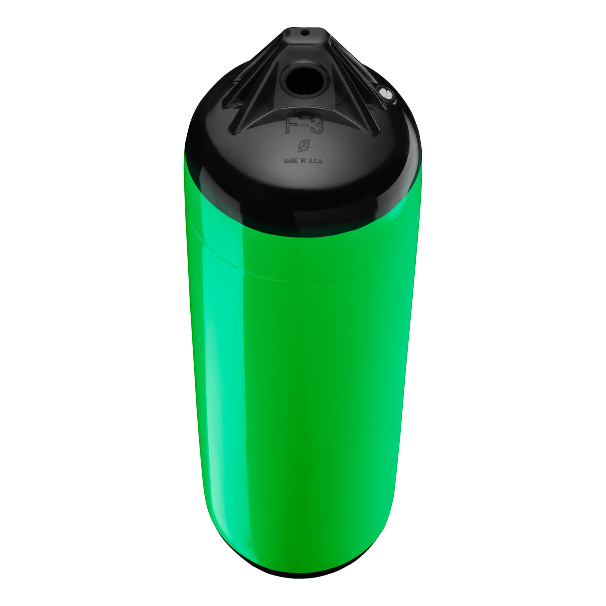 Green boat fender with Black-Top, Polyform F-3 angled shot