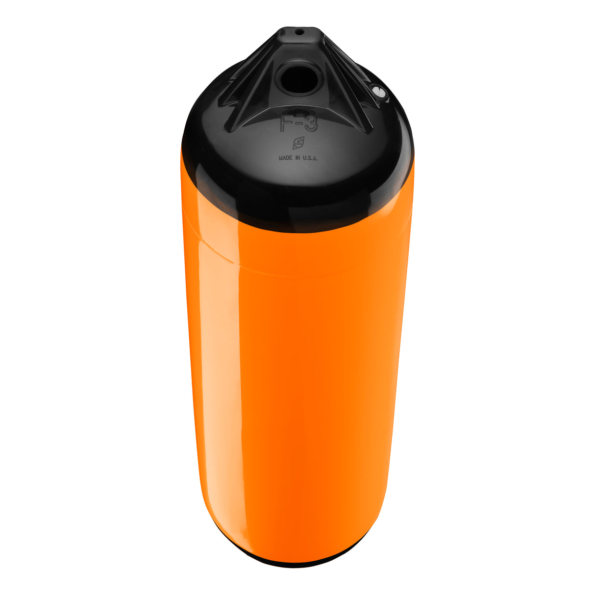 Orange boat fender with Black-Top, Polyform F-3 angled shot