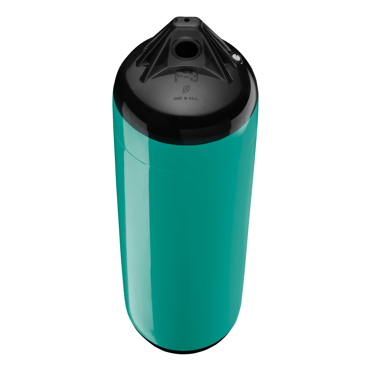 Teal boat fender with Black-Top, Polyform F-3 angled shot
