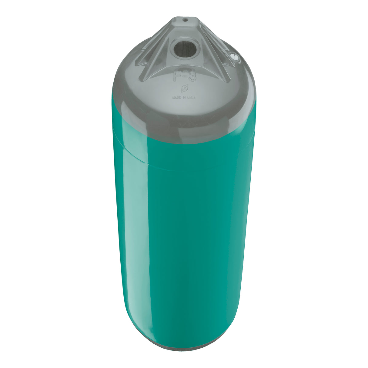 Teal boat fender with Grey-Top, Polyform F-3 angled shot