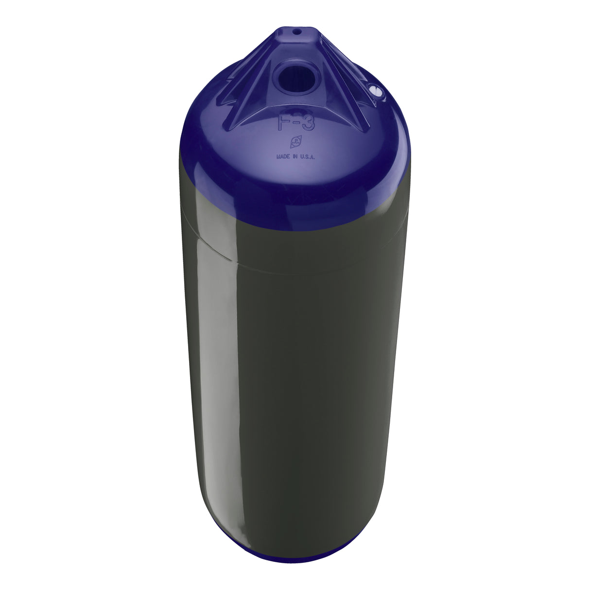 Graphite boat fender with Navy-Top, Polyform F-3 angled shot